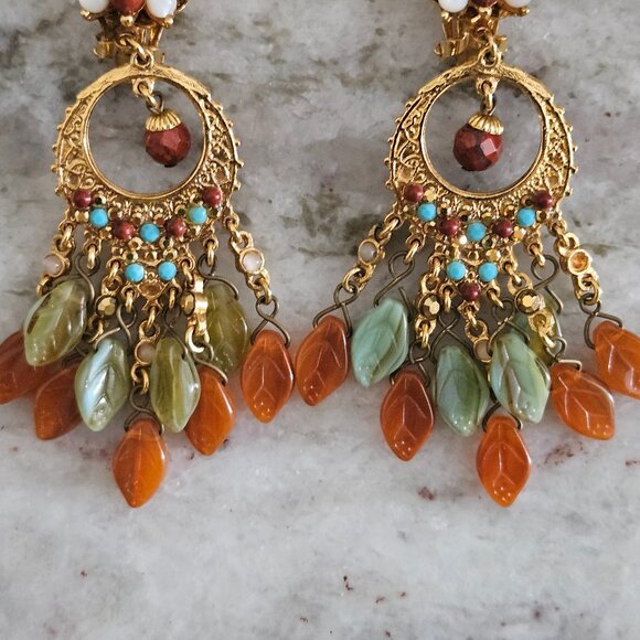 RARE JOSE MARIA BARRERA FALL LEAF STONE CRYSTAL DROP DANGLE CHANDELIER EARRINGS - Picture 5 of 11